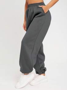 SHEIN PETITE Solid Elastic Waist Sweatpants - Grey - View 5
