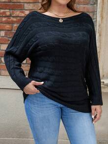 SHEIN LUNE 女士加大號鏈繩針織實色毛衣,帶船頸設計 - 黑色 - 查看 3