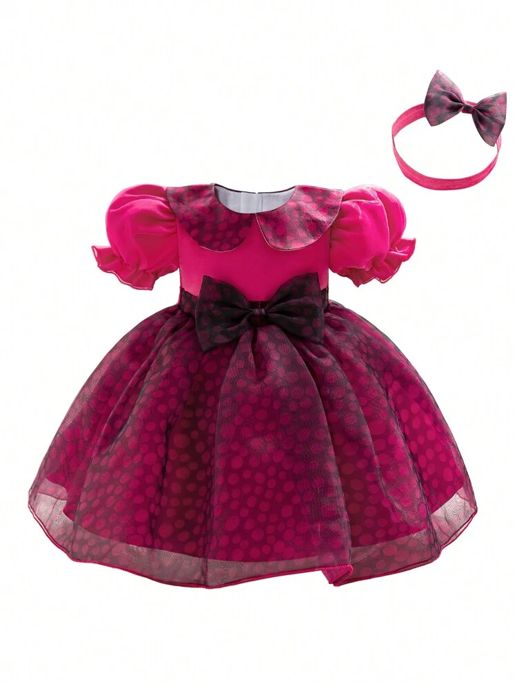Baby Girls' Polka Dot Print Puff Sleeves Tulle Party Dress