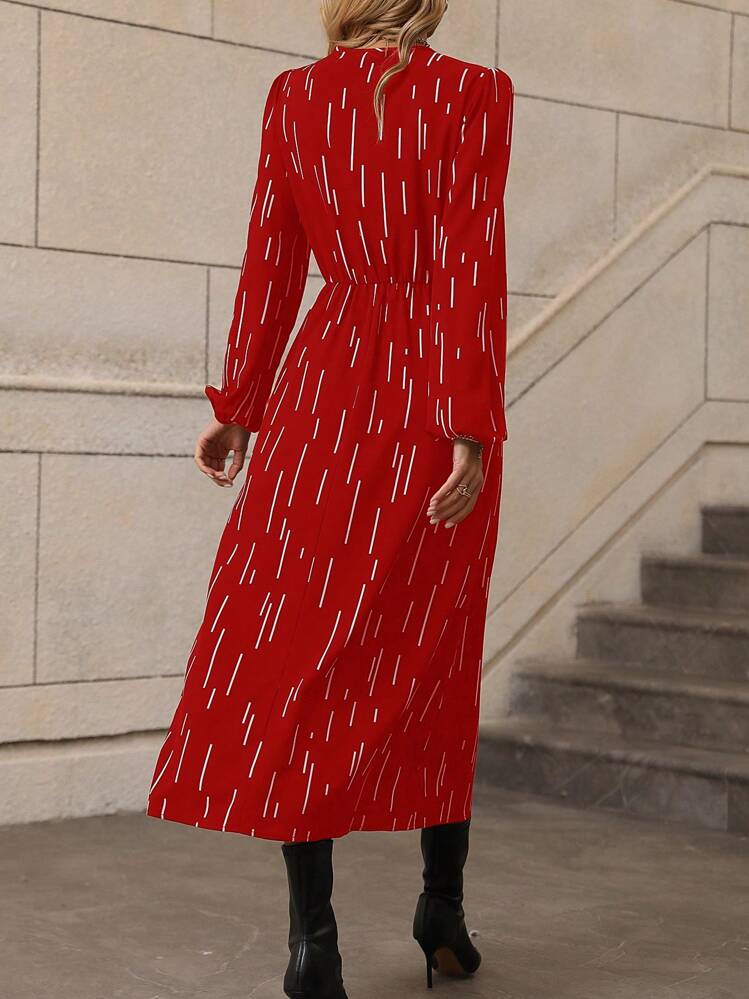 SHEIN Frenchy Striped High Slit V-neck Lantern Sleeve Dress Without Belt - Red - View 2