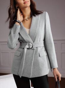 MOTF Classy BELTED WOOL-BLEND BLAZER - Grey - View 9