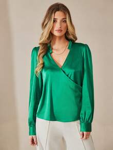 SHEIN Essnce 純色凹口領襯衫 - 綠色 - 查看 5