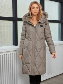 GASMAN Áo khoác trùm đầu có đệm họa tiết chữ kim cương mùa đông dành cho nữ - Màu Khaki - Xem 3