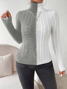 SHEIN Essnce Áo len dệt kim cổ lọ màu khối - Xám - Xem 4
