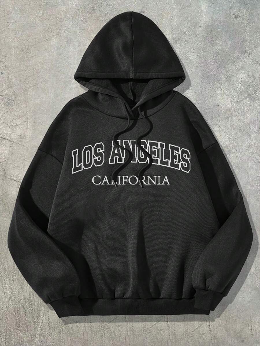 SHEIN EZwear Women's Plus Size Letter Printed Hooded Sweatshirt With Drawstring - Black - View 1