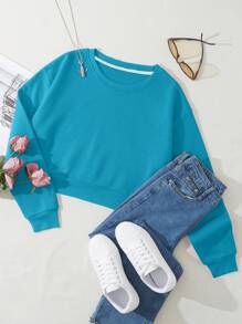 SHEIN Essnce Solid Color Slouchy Drop Shoulder Short Sweatshirt With Round Neck - Baby Blue - View 1