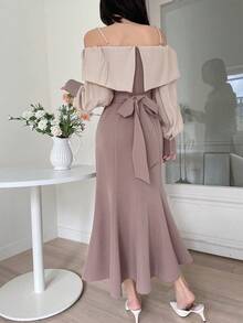Dazy Star Khối màu Off-shoulder Tay áo Đuôi cá Hem Đầm - Màu be - Xem 2