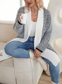 Calvaya Plus Size Patchwork Cardigan Sweater - Black and White - View 1