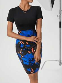 SHEIN Privé 花卉印花拼布修身連身裙 - 黑色 - 查看 3