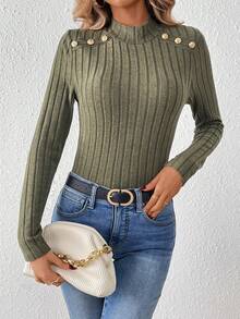 SHEIN Frenchy Button-down Turtleneck Long-sleeved T-shirt - Army Green - View 6