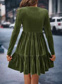 SHEIN Clasi Women's Long Sleeve Ruffle Hem Dress - Army Green - View 2