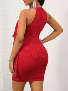 SHEIN Lady 蕾絲拼布修身連身裙 - 酒紅色 - 查看 2