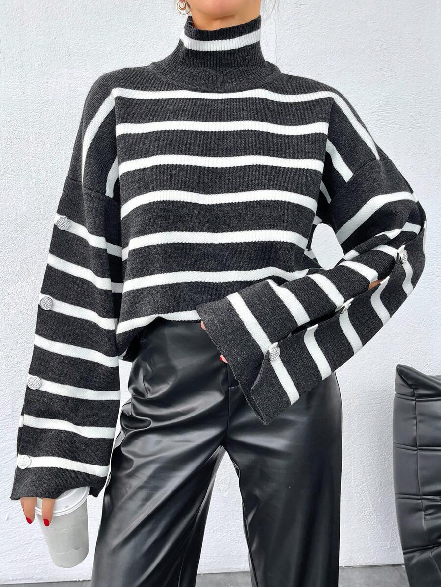 EURMUSE Women's Striped High Neck Sweater With Button Detail And Flare Sleeves - Black - View 1