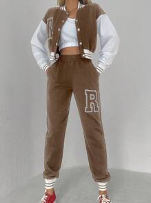 Cottnline Letter Graphic Zip Up Jacket & Joggers - Mocha Brown - View 1