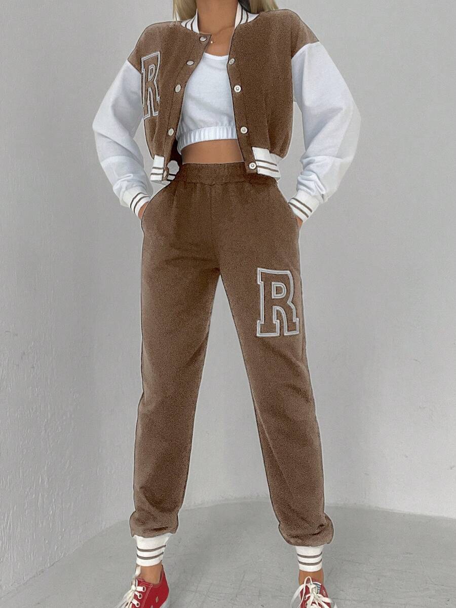 Cottnline Letter Graphic Zip Up Jacket & Joggers - Mocha Brown - View 1