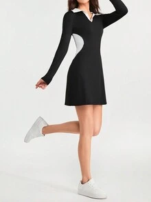 Tennis Casual Women's Spring And Autumn New Contrast Color Stretchy Dress That Shows Elegant And High Sense - Black and White - View 5