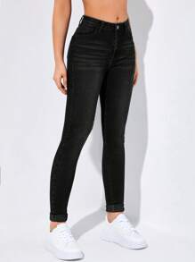 SHEIN EZwear High-Waisted Button-Embellished Skinny Stretch Distressed Y2K Jeans Thickened Denim