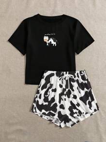 SHEIN Conjunto de pijama con estampado de dibujos animados y letra - Negro - Ver 4
