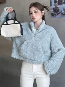 Dazy Star 女款半拉鍊落肩運動衫 - 藍色 - 查看 2