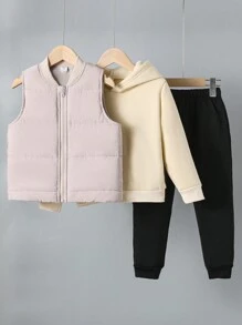 SHEIN 幼童男孩加厚馬甲和運動衫套裝,適用於休閒、運動和戶外活動,中等厚度,秋冬時尚款