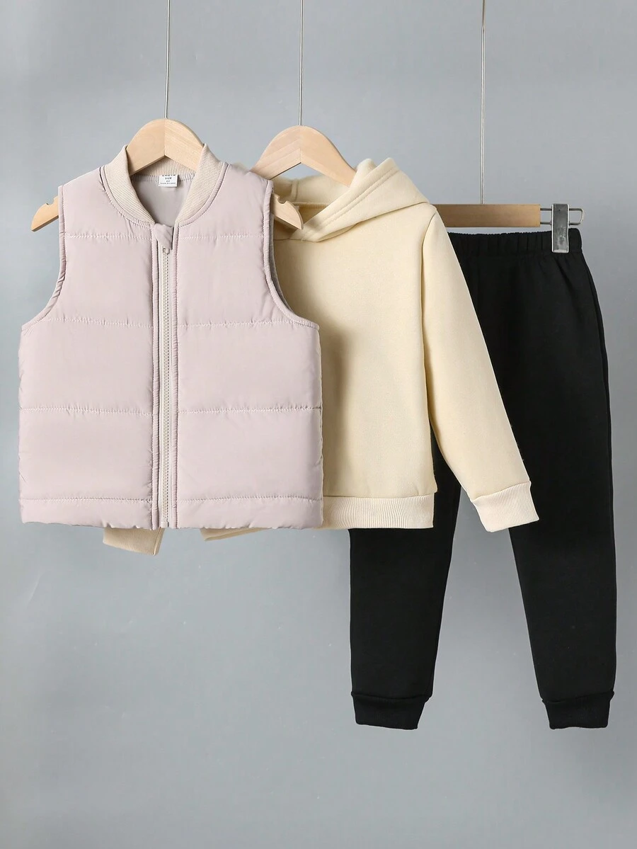 SHEIN 幼童男孩加厚馬甲和運動衫套裝,適用於休閒、運動和戶外活動,中等厚度,秋冬時尚款