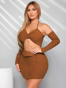 SHEIN SXY Gợi cảm Trang phục câu lạc bộ Xoắn Dây đeo thắt nút Halter Neck Giải trí Dệt kim Của phụ nữ Bộ - màu nâu - Xem 4