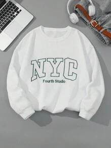 Calvaya Plus Size Letter Printed Fleece Sweatshirt - White - View 1