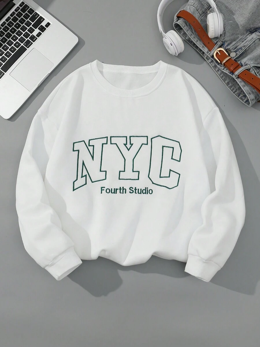 Calvaya Plus Size Letter Printed Fleece Sweatshirt - White - View 1