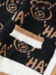 SHEIN Cárdigan Color Block Con Estampado De Letras Y Estampado De Oso Para Niño Pequeño Con Ribete De Canalé