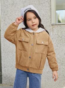 SHEIN Girls' Casual Style Color Block Long Sleeve Hooded Jacket - Khaki - View 6