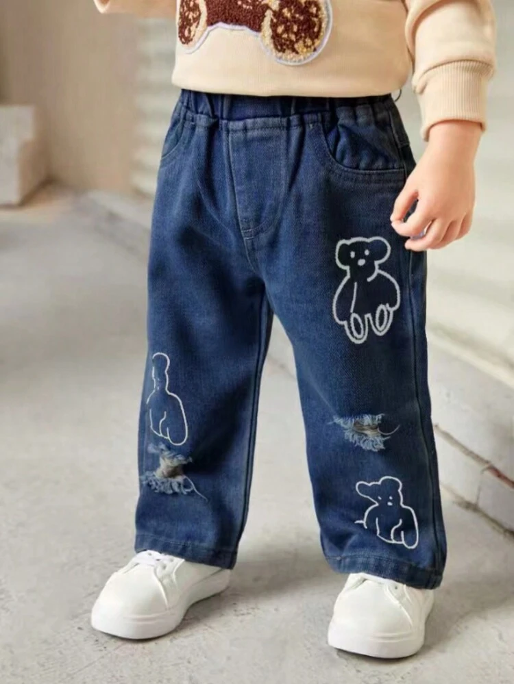 Baby Girls' Cute Casual Teddy Bear Print Ripped Straight Leg Jeans