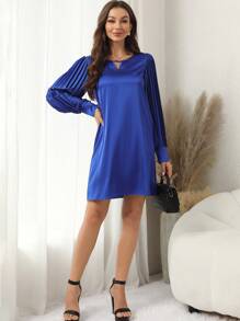 SHEIN Clasi Keyhole Neckline Pleated Lantern Sleeve Satin Dress