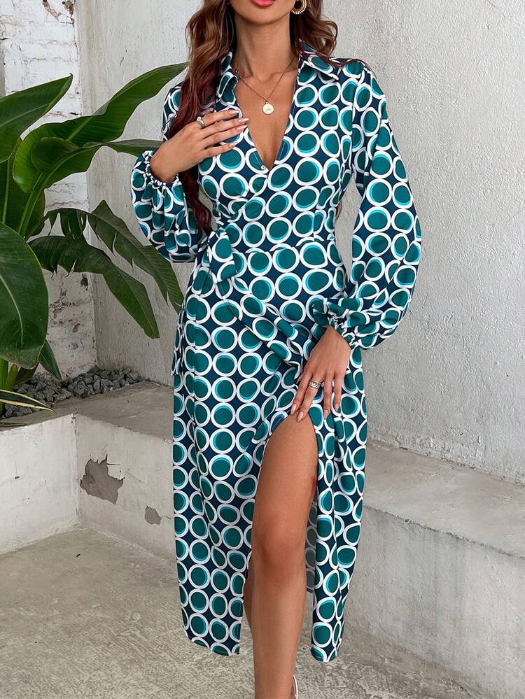 Geometric Pattern High Split Dress Fall Cloth For Women