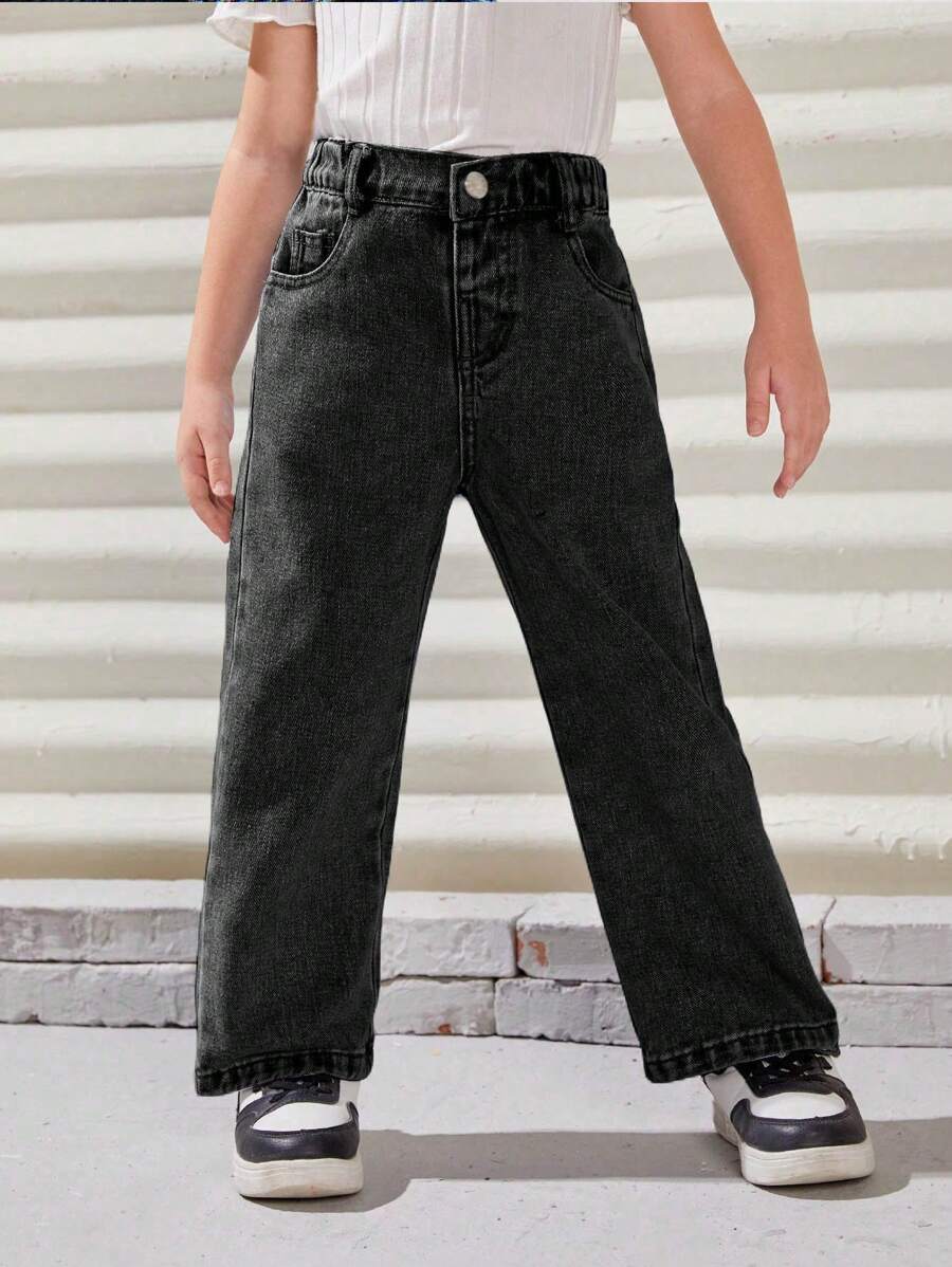 Young Girl Slant Pocket Straight Leg Jeans - Black - View 1