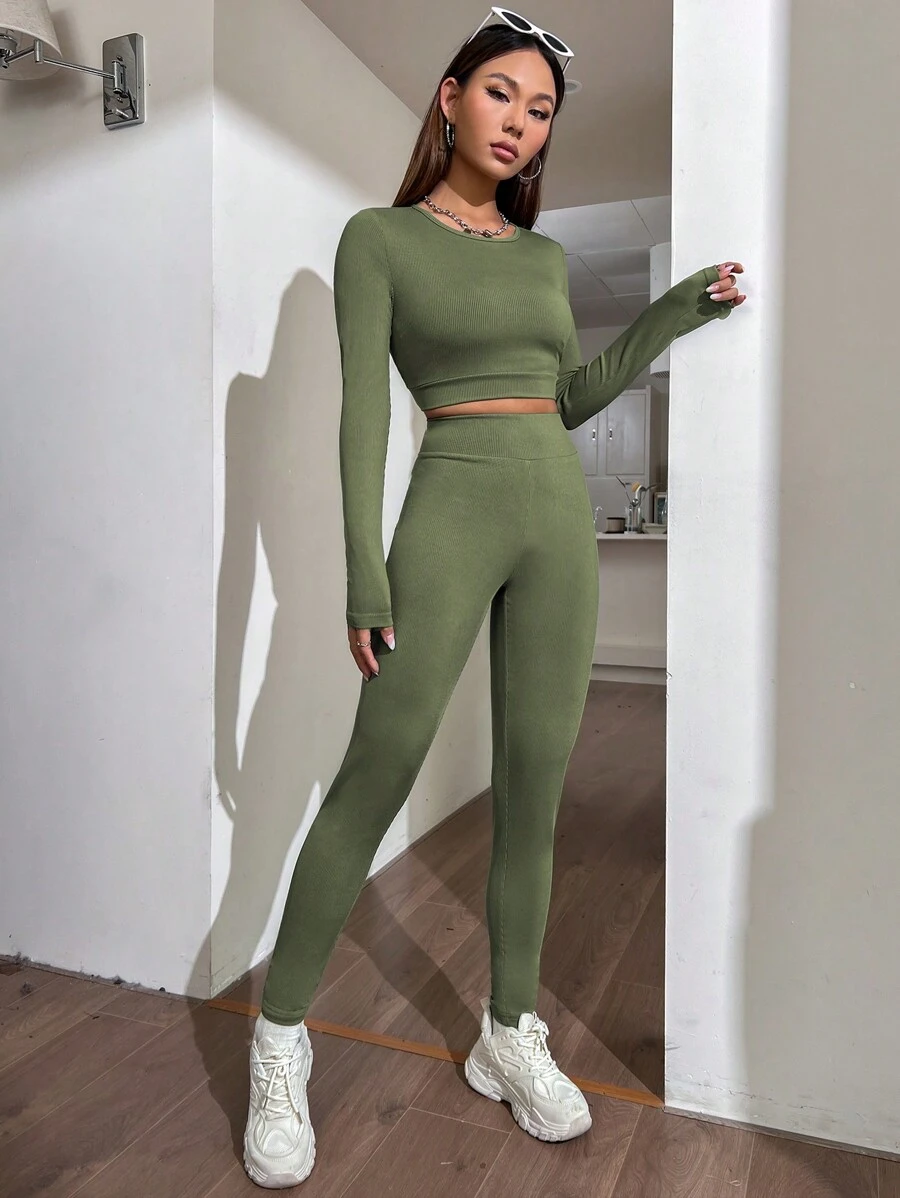 SHEIN Unity Women'S Ribbed T-Shirt And Leggings Set - Dark Green - View 1