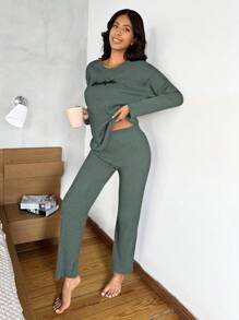 EURMUSE Slogan Ribbed Knit Lounge Set - Green - View 3