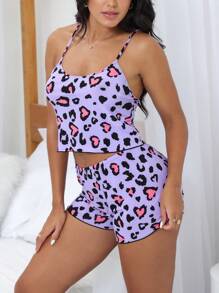 Của phụ nữ In Trái tim Áo ba lỗ Áo ba lỗ Và Quần short Bộ mặc nhà - Màu tím - Xem 1