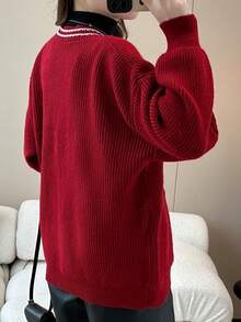 Fashionable V-Neck Cardigan With Sheep Horn Buttons, Spring/Autumn - Red - View 2