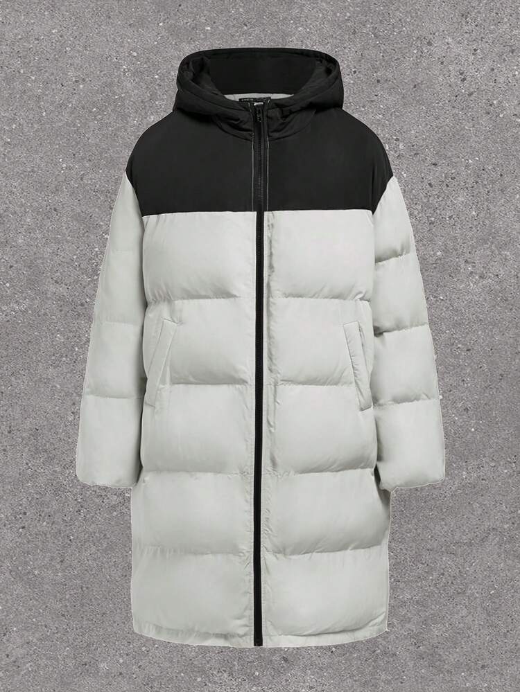 Colorblock Hooded Padded Coat With Letter Print