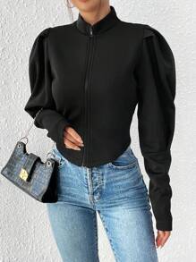 SHEIN Clasi Của phụ nữ Tay áo chân cừu Dây kéo Áo khoác - màu đen - Xem 3
