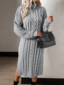SHEIN LUNE Women'S Drop Shoulder Knitted Sweater Dress - Grey - View 4