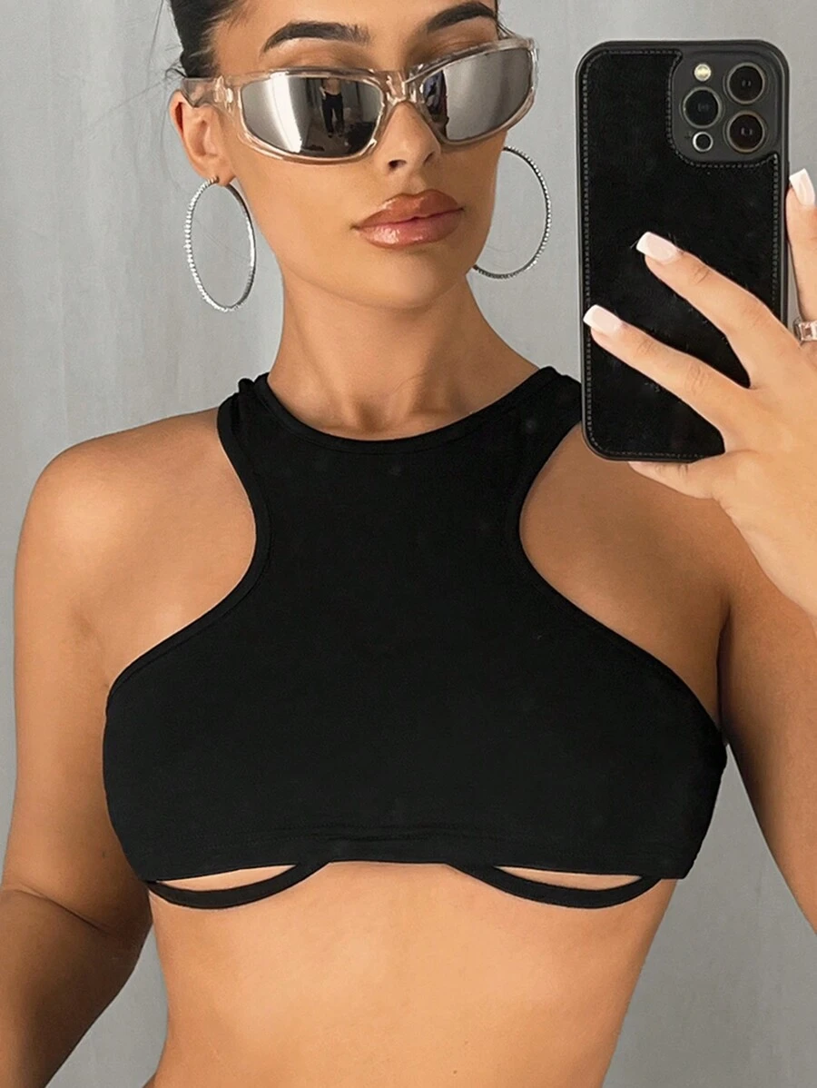 SHEIN ICON Solid Color Hollow Out Tank Top - Black - View 1