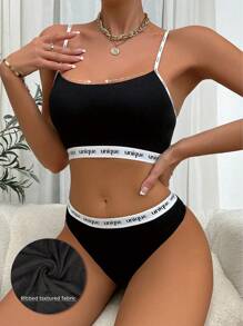 Women Bra & Panty Sets Contrast Binding Mencetak - Hitam - View 1