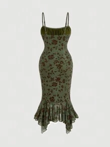 SHEIN MOD Váy đuôi cá in hoa mùa hè cỡ lớn cho nữ - xanh quân đội - Xem 2