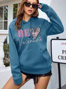 SHEIN LUNE Women's Hoodie With Letter And Leopard Print - Dusty Blue - View 1