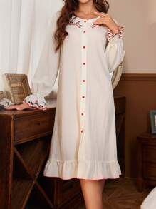 Women's Embroidered Lace Sleeve Pajama Night Dress - Apricot - View 1