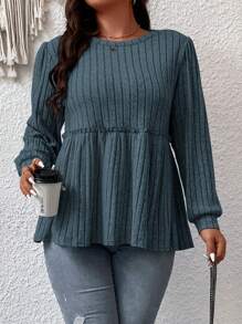 EMERY ROSE Kích thước lớn Của phụ nữ Sọc Hem Ruffle Áo thun - Màu xanh bụi bặm - Xem 6