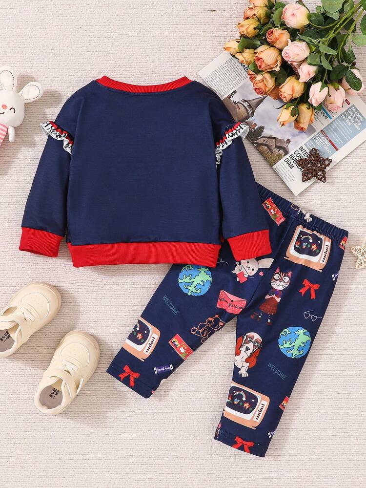 Baby Girls' Cartoon Printed Sweatshirt And Pants Set