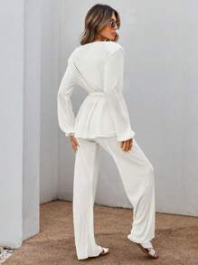 EURMUSE 100%Cotton Solid Drop Shoulder Belted Top & Pants Casual Sets - Apricot - View 2