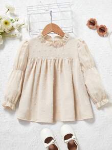 SHEIN 1 Piece Ruffled Stand-up Collar Lotus Knot Small Puff Long-sleeved Cute Simple Casual Street Girl's Shirt - Apricot - View 1